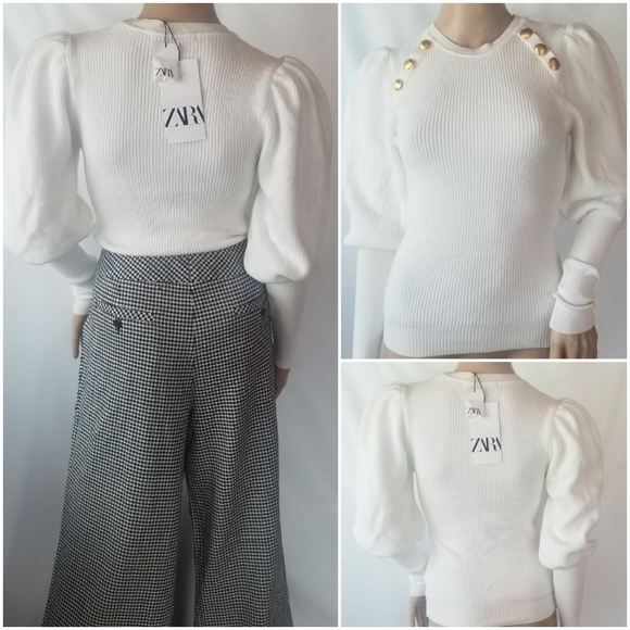 Zara puff shoulder gold button knit sweater - Picture 6 of 9